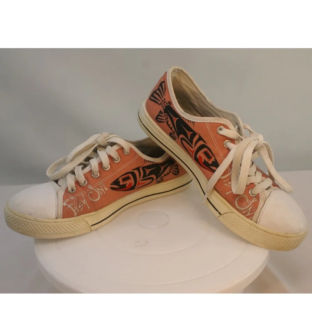 Fish On Salmon Canvas Low Top Sneakers PNW Native‎ Art Style Women 6 EU 39